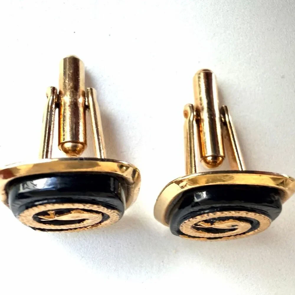 Gold Tone Black Enamel Snake Cufflinks Vintage